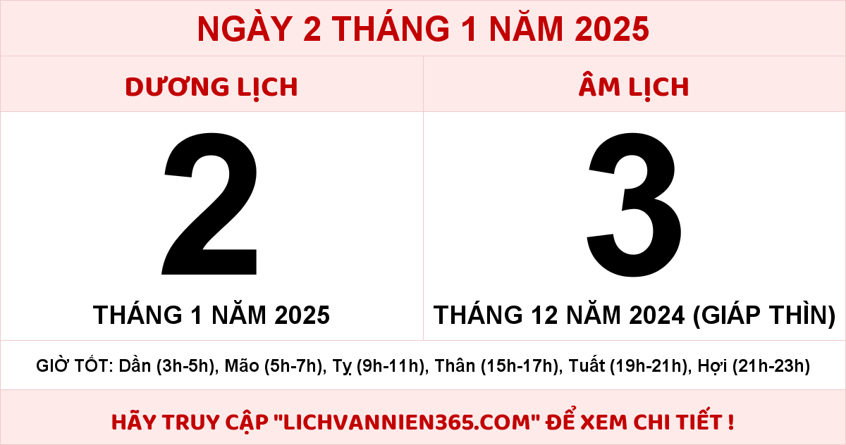 Lịch âm 2/1 Âm lịch hôm nay 2/1/2025 chính xác nhất