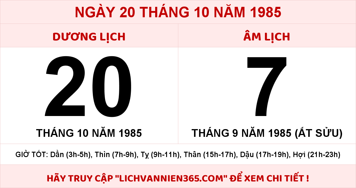 Lịch âm 20/10 Âm lịch hôm nay 20/10/1985 chính xác nhất Lịch âm 20/10 Âm lịch hôm nay 20/10/1985 chính xác nhất