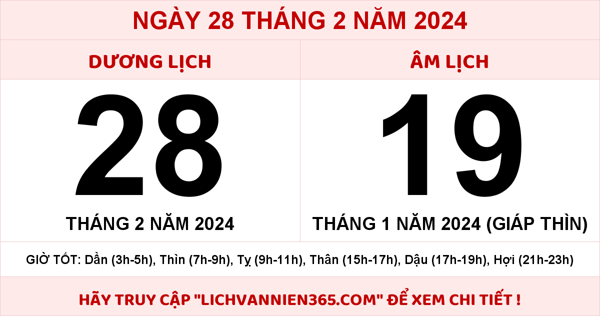 Lịch âm 28/2 Âm lịch hôm nay 28/2/2024 chính xác nhất